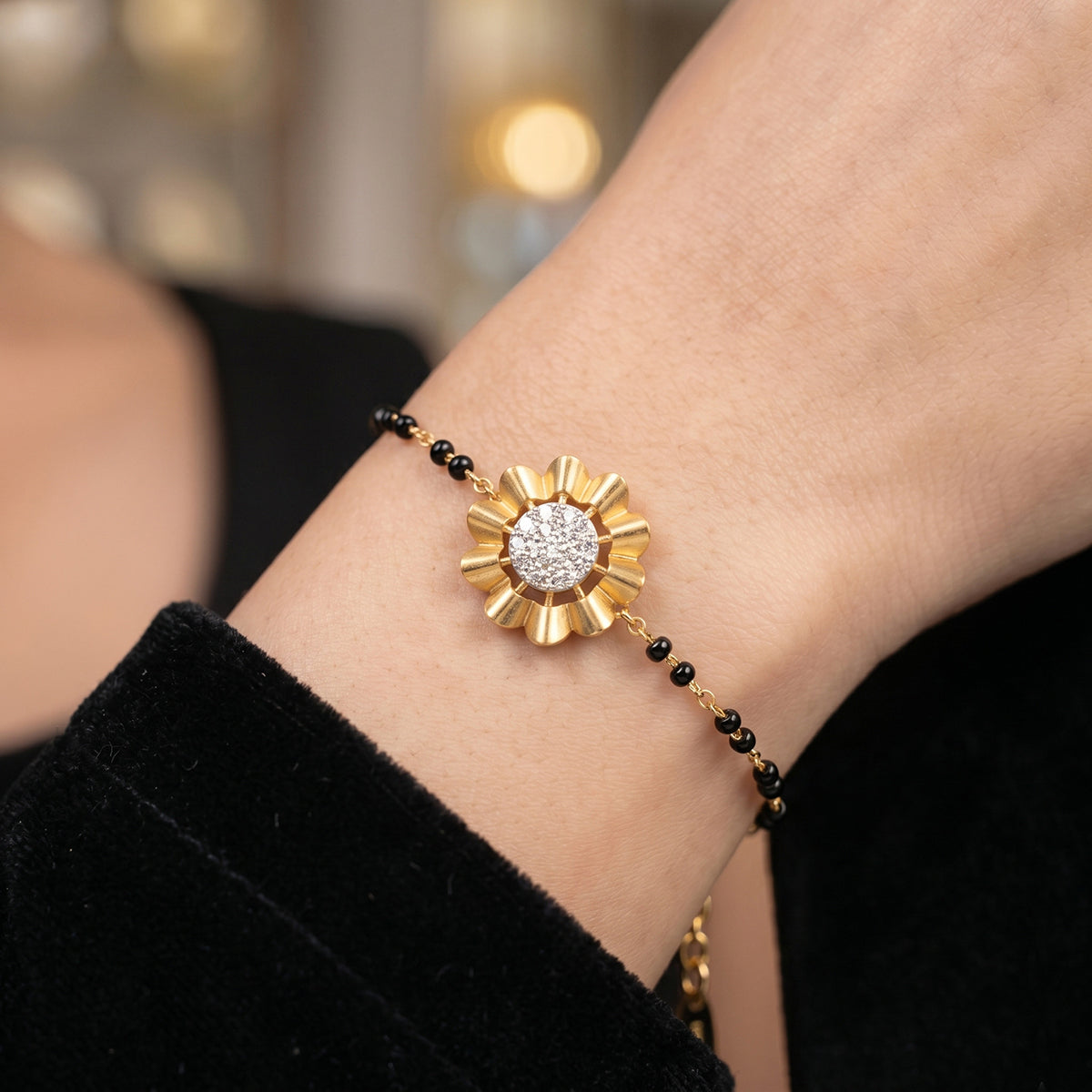 Lab Grown Diamond 925 Sterling Silver 0.2CT Floral Cluster Gold Plated Mangalsutra Bracelet