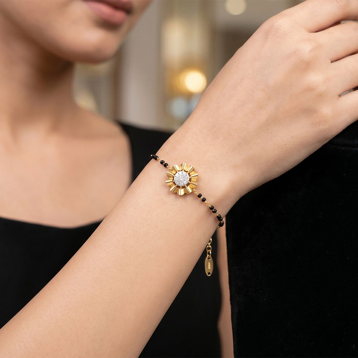 Lab Grown Diamond 925 Sterling Silver 0.2CT Floral Cluster Gold Plated Mangalsutra Bracelet