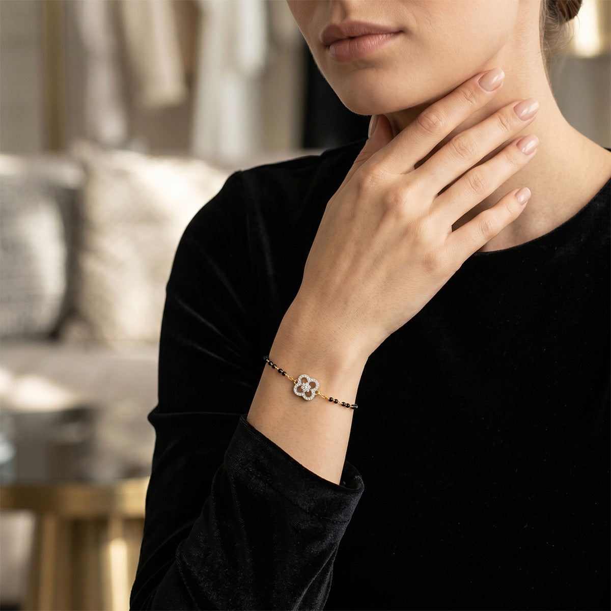 Lab Grown Diamond 925 Sterling Silver 0.22CT Pave Clover Gold Plated Mangalsutra Bracelet