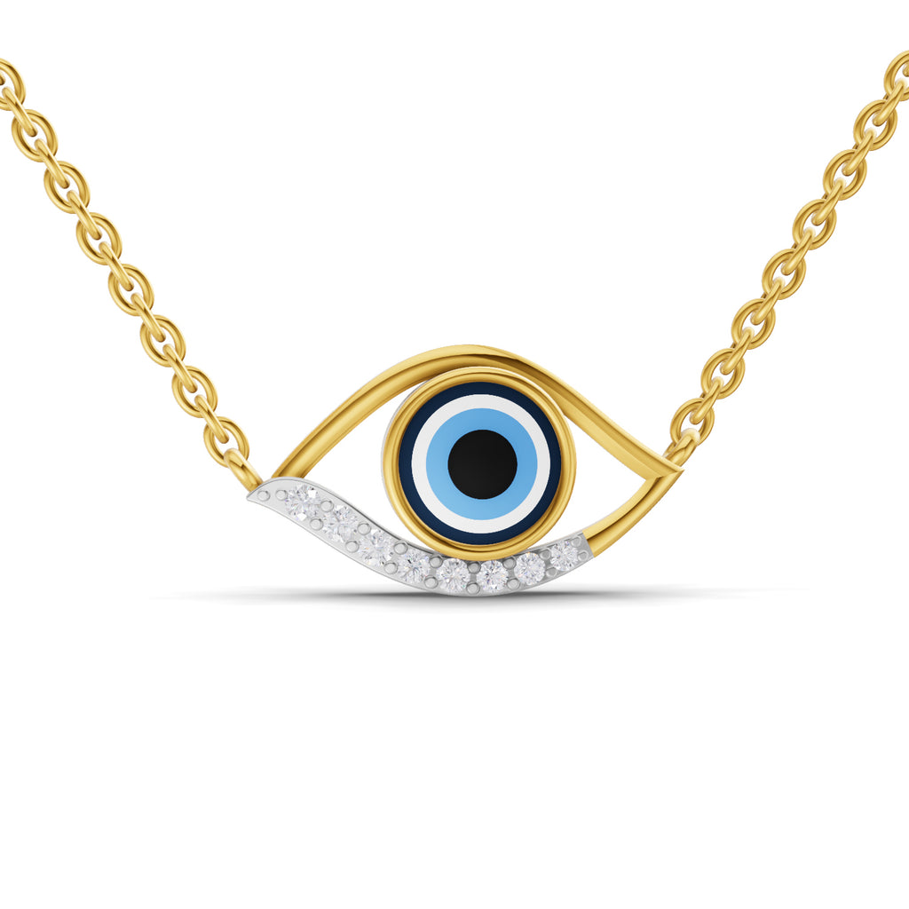 Lab Grown Diamond Necklace 0.12 Carat IGI Certified Round Shape 925 Sterling Silver Yellow Gold Plated Evil Eye Necklace