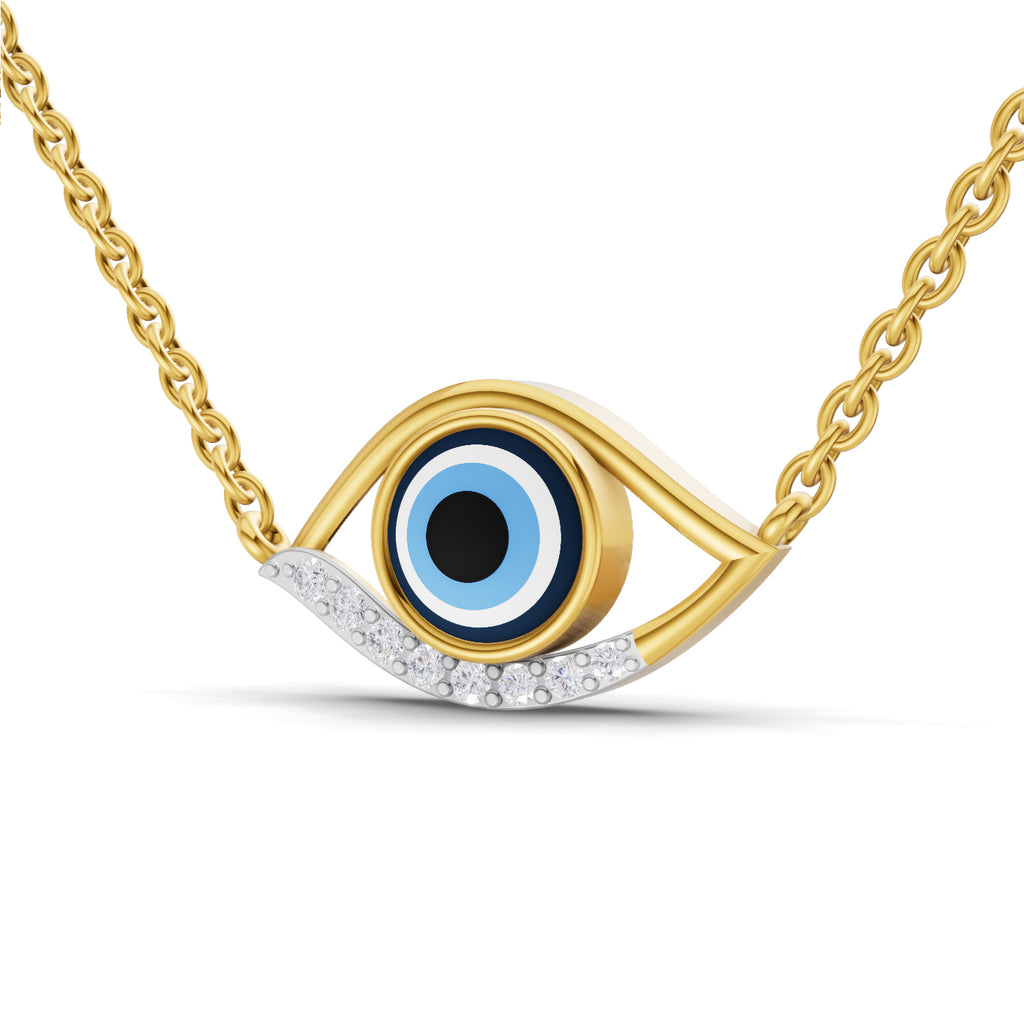 Lab Grown Diamond Necklace 0.12 Carat IGI Certified Round Shape 925 Sterling Silver Yellow Gold Plated Evil Eye Necklace