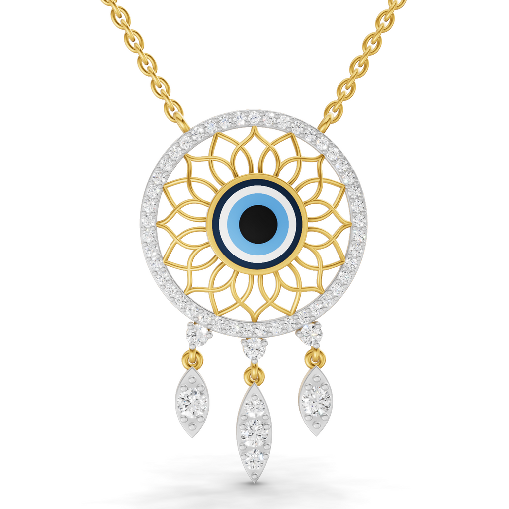 Lab Grown Diamond Necklace 0.93 Carat IGI Certified Round Shape 925 Sterling Silver Yellow Gold Plated Evil Eye Necklace