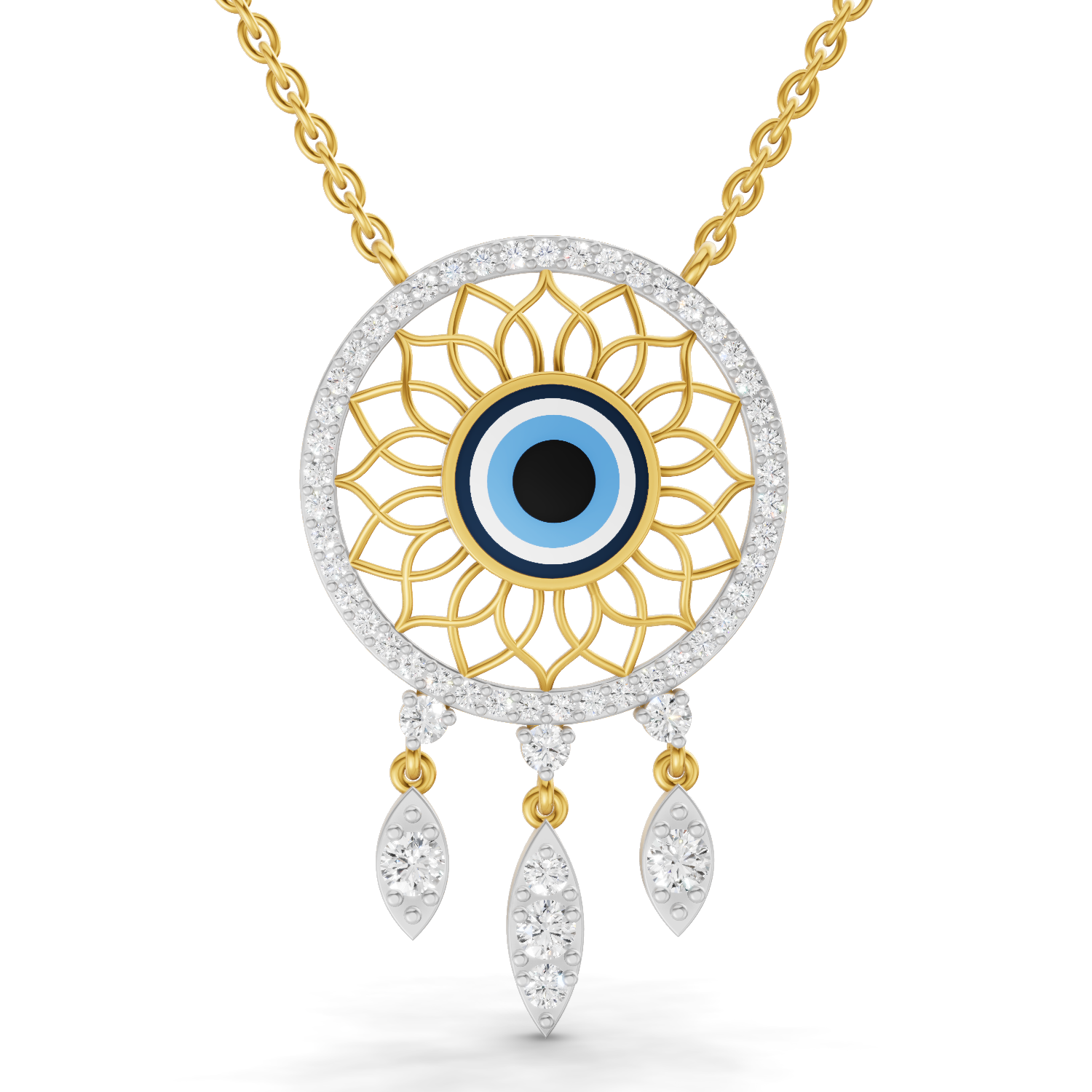 Lab Grown Diamond Necklace 0.93 Carat IGI Certified Round Shape 925 Sterling Silver Yellow Gold Plated Evil Eye Necklace