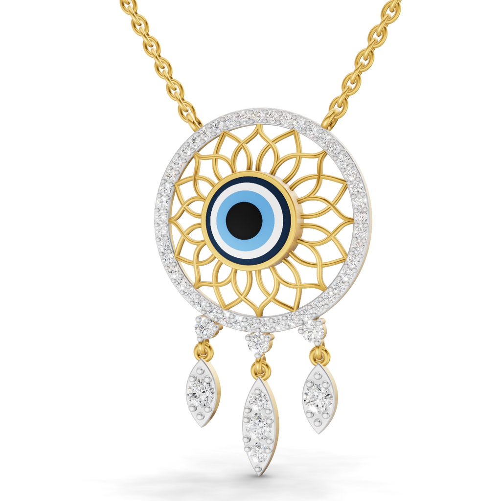 Lab Grown Diamond Necklace 0.93 Carat IGI Certified Round Shape 925 Sterling Silver Yellow Gold Plated Evil Eye Necklace