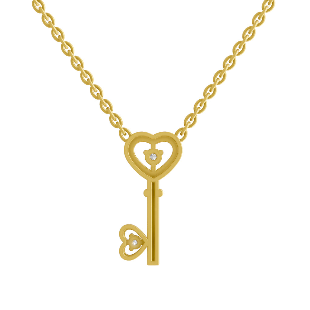 Lab Grown Diamond Necklace 0.08 Carat Round Shape 925 Sterling Silver Yellow Gold Plated Key to Love Necklace