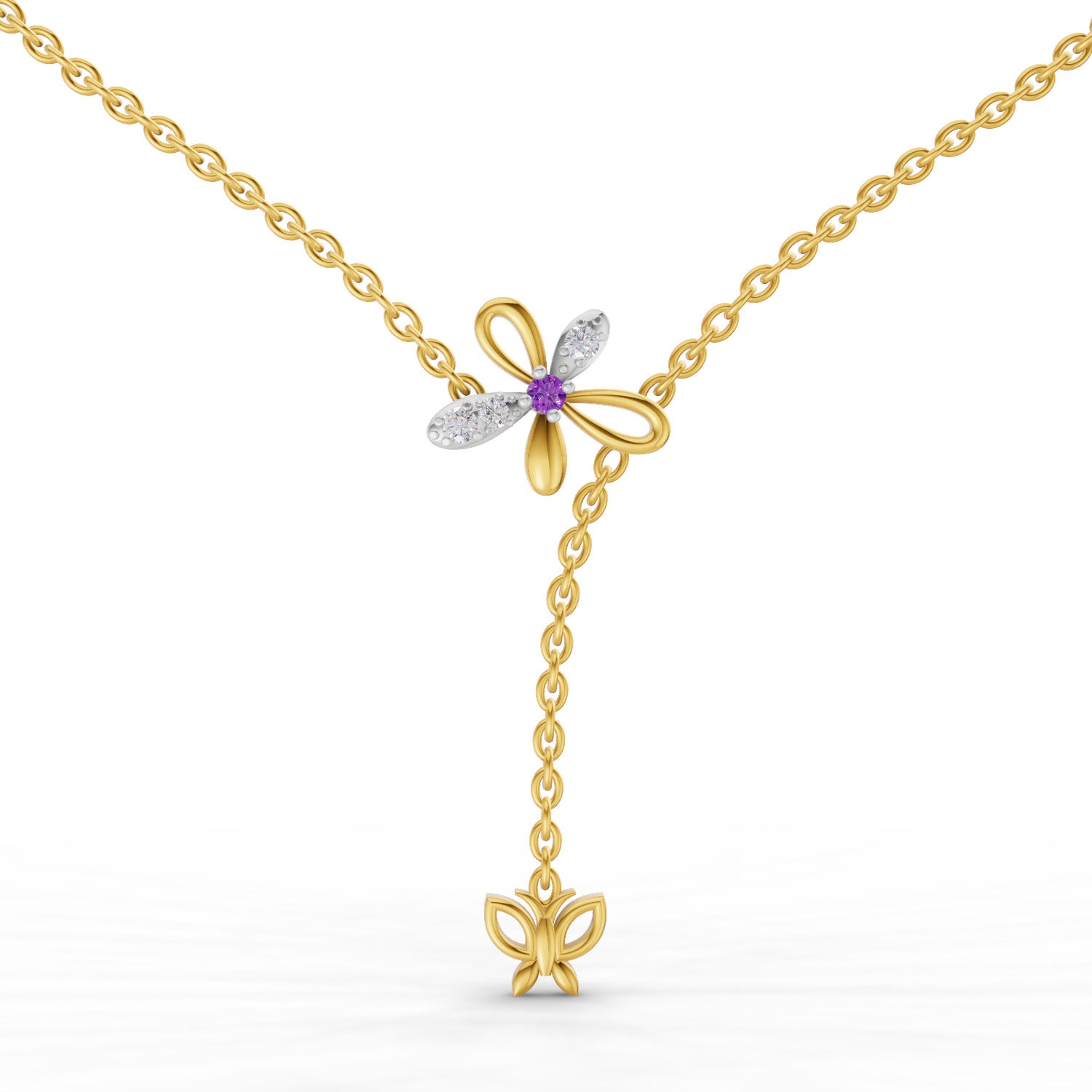 Lab Grown Diamond Necklace 0.08 Carat Round Shape 925 Sterling Silver Yellow Gold Plated Butterfly Necklace