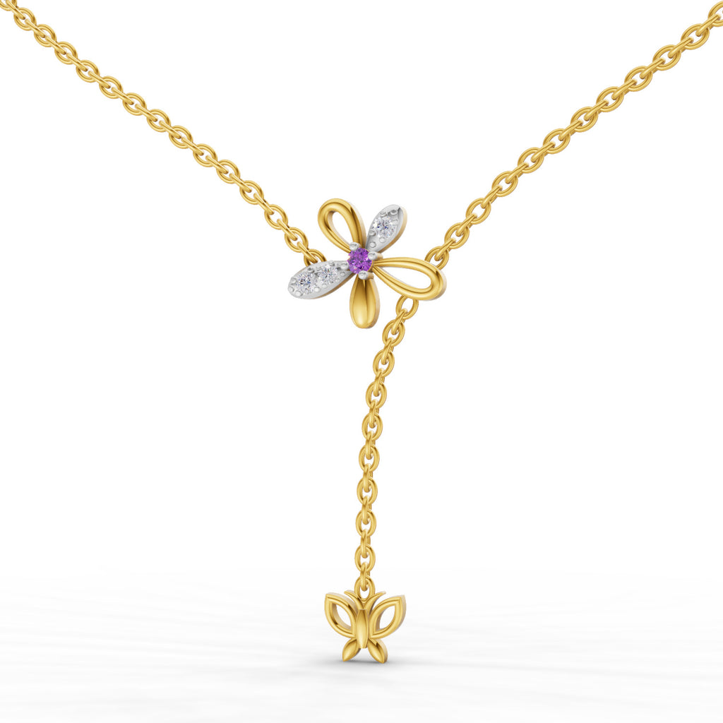 Lab Grown Diamond Necklace 0.08 Carat Round Shape 925 Sterling Silver Yellow Gold Plated Butterfly Necklace