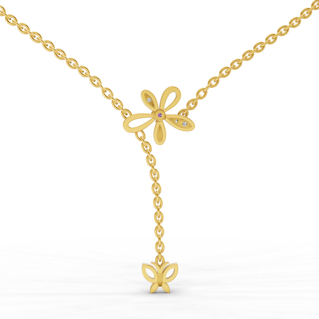 Lab Grown Diamond Necklace 0.08 Carat Round Shape 925 Sterling Silver Yellow Gold Plated Butterfly Necklace