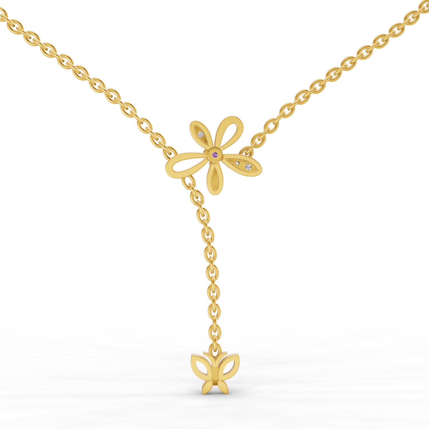 Lab Grown Diamond Necklace 0.08 Carat Round Shape 925 Sterling Silver Yellow Gold Plated Butterfly Necklace