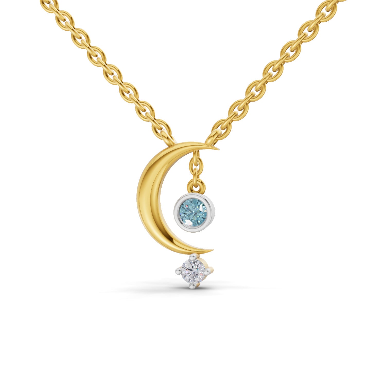 Lab Grown Diamond Necklace 0.07 Carat Round Shape 925 Sterling Silver Gold Plated Half Moon Pendant Necklace