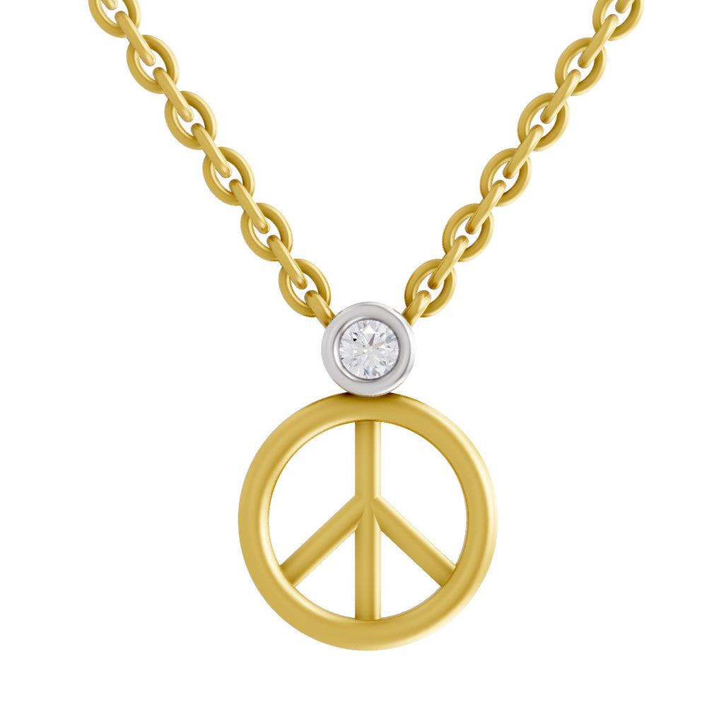 Lab Grown Diamond Necklace 0.07 Carat Round Shape 925 Sterling Silver Yellow Gold Plated Peace Necklace