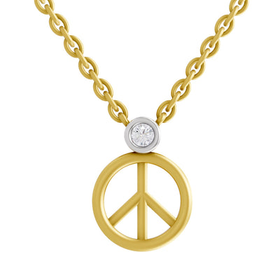 Lab Grown Diamond Necklace 0.07 Carat Round Shape 925 Sterling Silver Yellow Gold Plated Peace Necklace