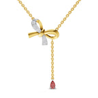 Lab Grown Diamond Necklace 0.22 Carat IGI Certified Round Shape 925 Sterling Silver Yellow Gold Plated Bow Lariat with a Pink Drop Gemstone pendant