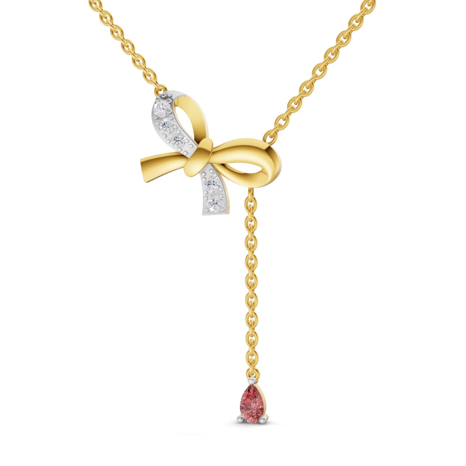 Lab Grown Diamond Necklace 0.22 Carat IGI Certified Round Shape 925 Sterling Silver Yellow Gold Plated Bow Lariat with a Pink Drop Gemstone pendant