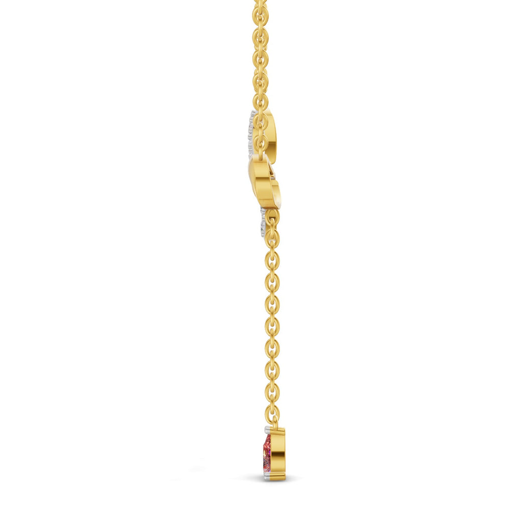 Lab Grown Diamond Necklace 0.22 Carat IGI Certified Round Shape 925 Sterling Silver Yellow Gold Plated Bow Lariat with a Pink Drop Gemstone pendant