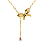 Lab Grown Diamond Necklace 0.22 Carat IGI Certified Round Shape 925 Sterling Silver Yellow Gold Plated Bow Lariat with a Pink Drop Gemstone pendant