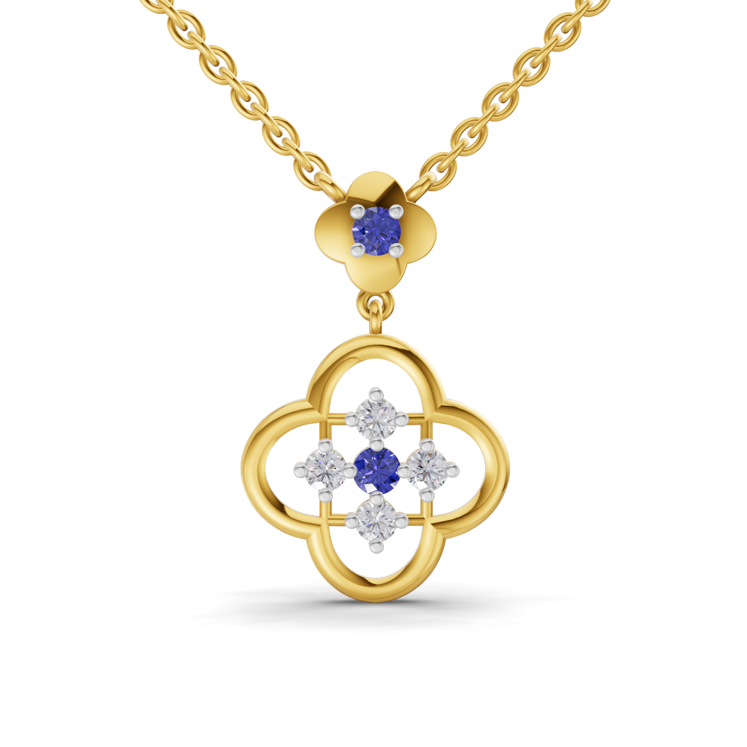 Lab Grown Diamond Necklace 0.18 Carat IGI Certified Round Shape 925 Sterling Silver Yellow Gold Plated Gold and Sapphire Clover pendant