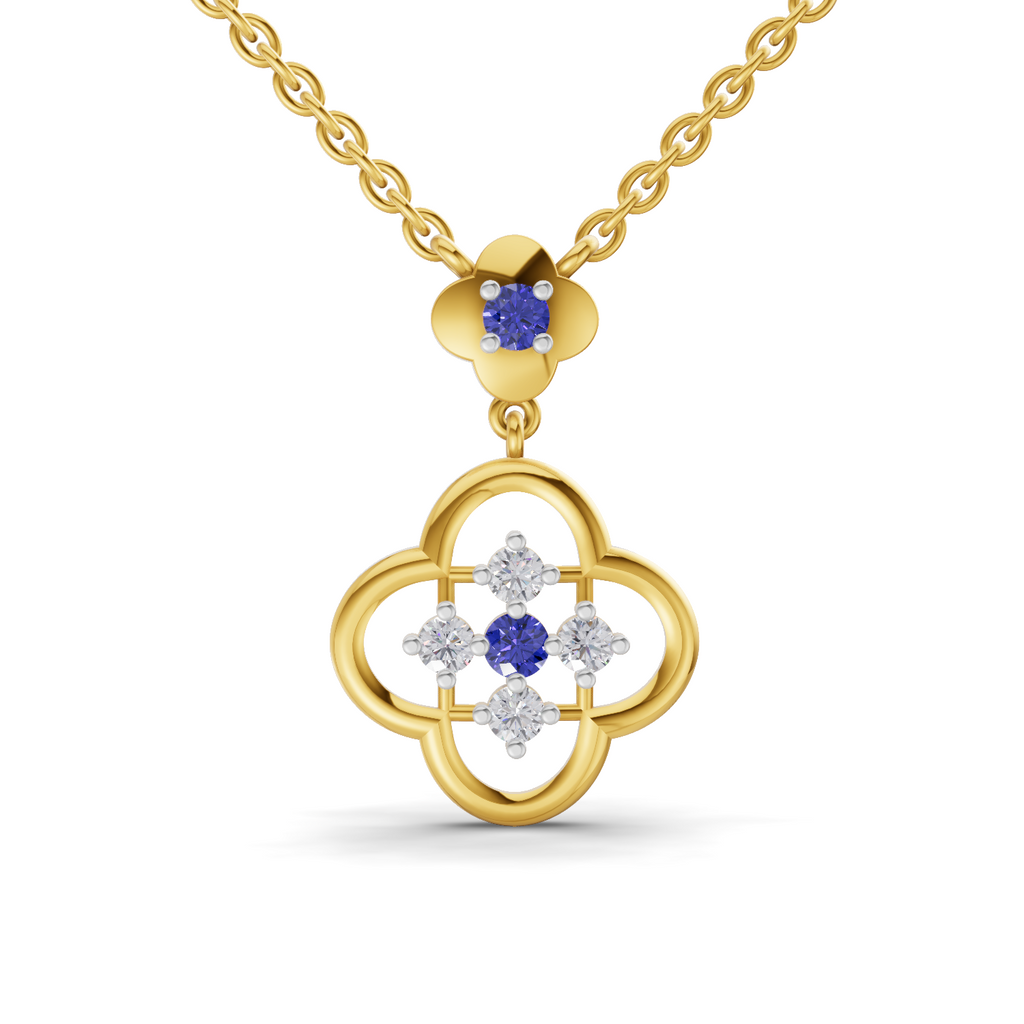Lab Grown Diamond Necklace 0.18 Carat IGI Certified Round Shape 925 Sterling Silver Yellow Gold Plated Gold and Sapphire Clover pendant