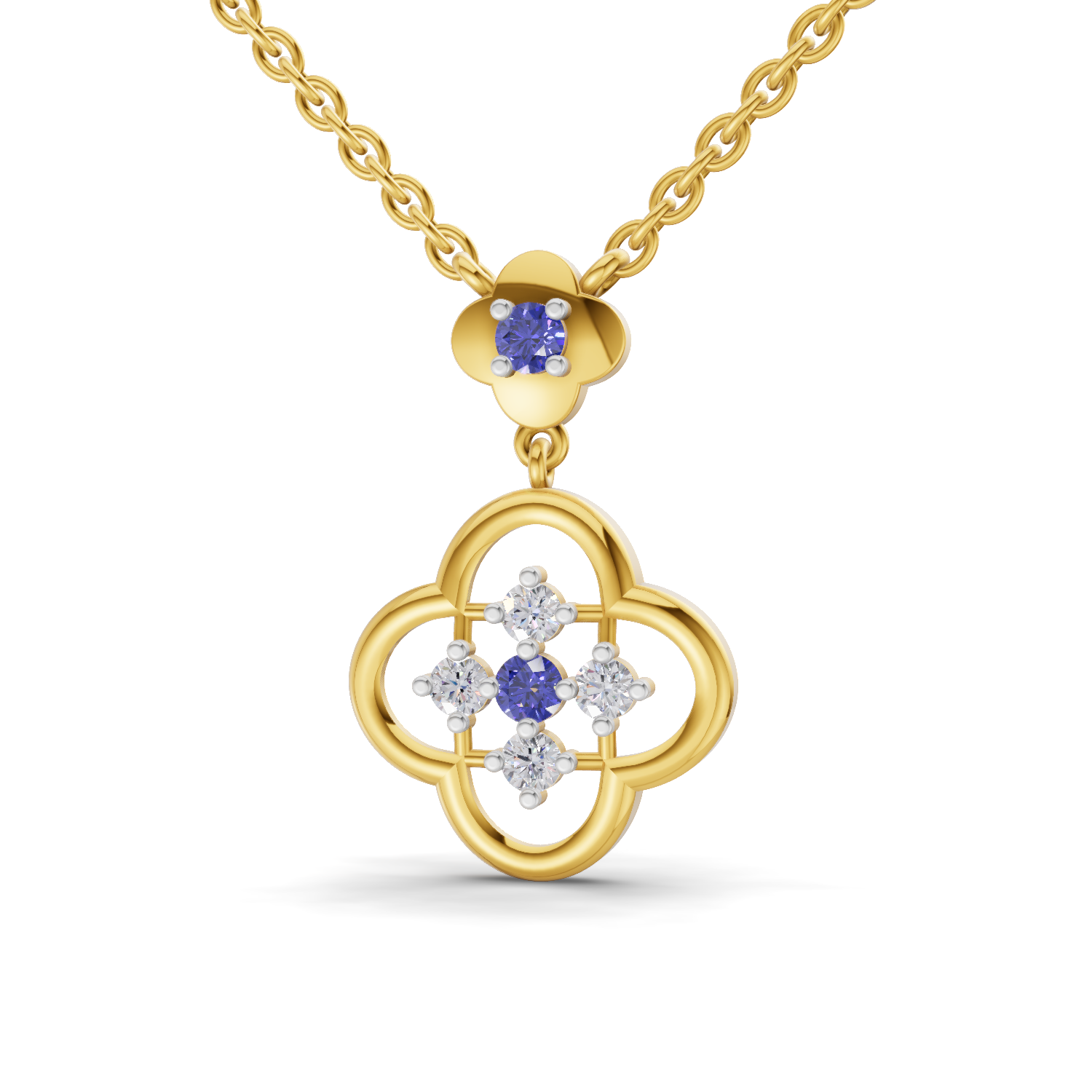 Lab Grown Diamond Necklace 0.18 Carat IGI Certified Round Shape 925 Sterling Silver Yellow Gold Plated Gold and Sapphire Clover pendant