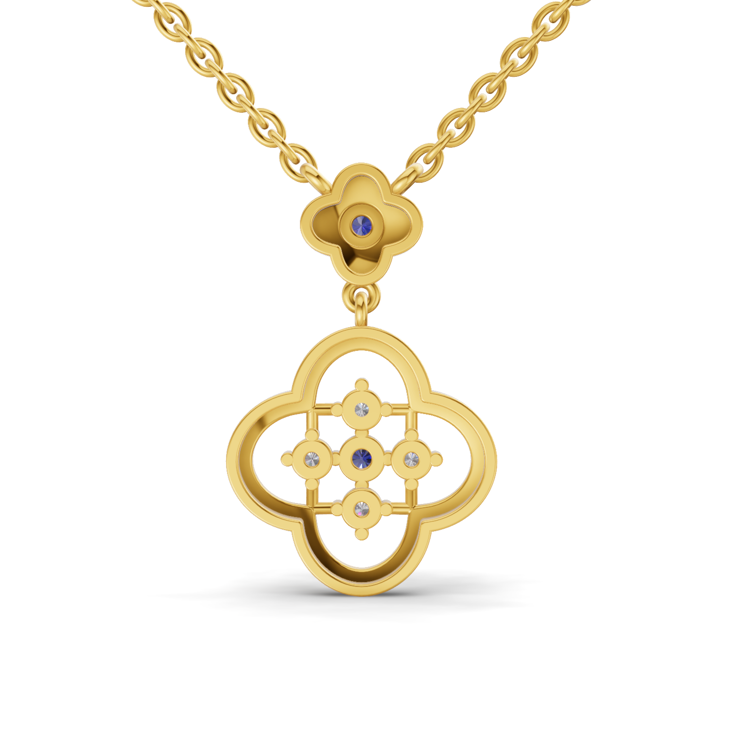 Lab Grown Diamond Necklace 0.18 Carat IGI Certified Round Shape 925 Sterling Silver Yellow Gold Plated Gold and Sapphire Clover pendant
