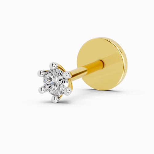 Lab Grown Diamond Nosepin 0.05 Carat Round Shape 925 Sterling Silver Yellow Gold Plated Solitaire Nosepin