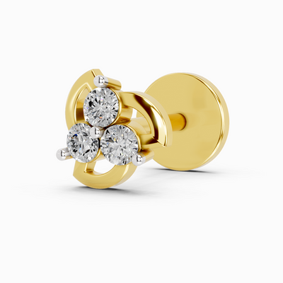 Lab Grown Diamond Nosepin 0.03 Carat Round Shape 925 Sterling Silver Yellow Gold Plated Floral Nosepin