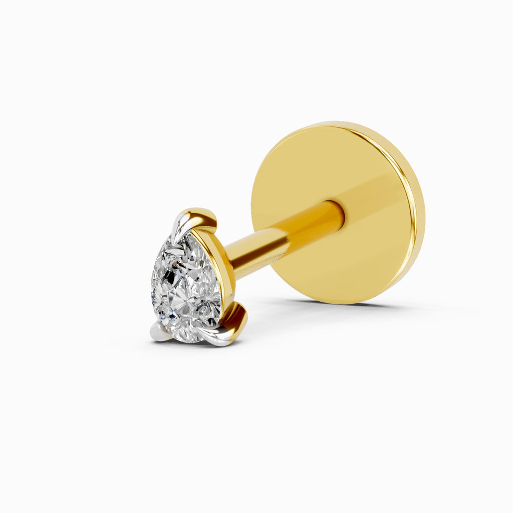 Lab Grown Diamond Nosepin 0.04 Carat Pear Shape 925 Sterling Silver Yellow Gold Plated Solitaire Nosepin