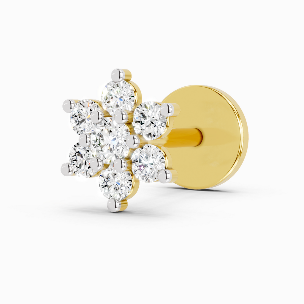 Lab Grown Diamond Nosepin 0.11 Carat IGI Certified Pear Shape 925 Sterling Silver Yellow Gold Plated Floral Nosepin