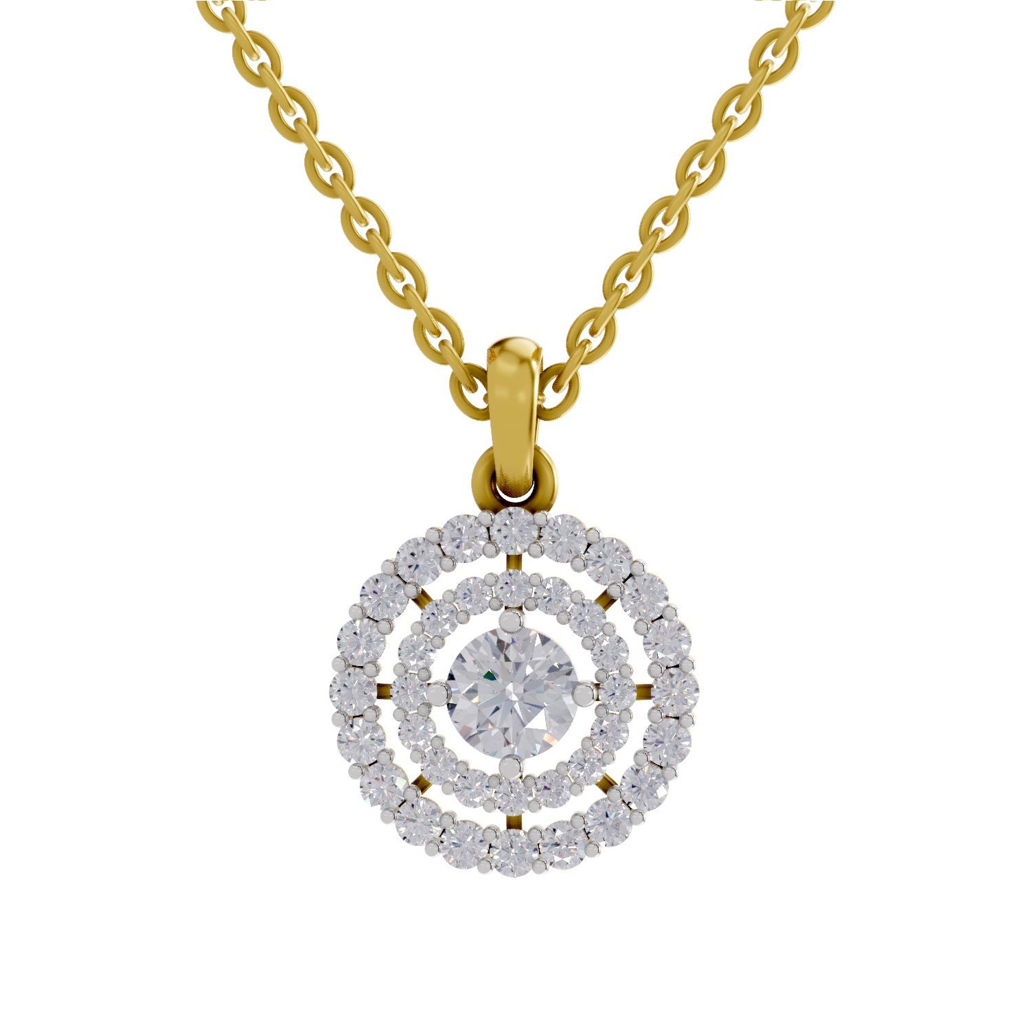 Lab Grown Diamond Pendant Necklace 1.3 Carat IGI Certified Round Shape 925 Sterling Silver Yellow Gold Plated Halo Pendant Necklace
