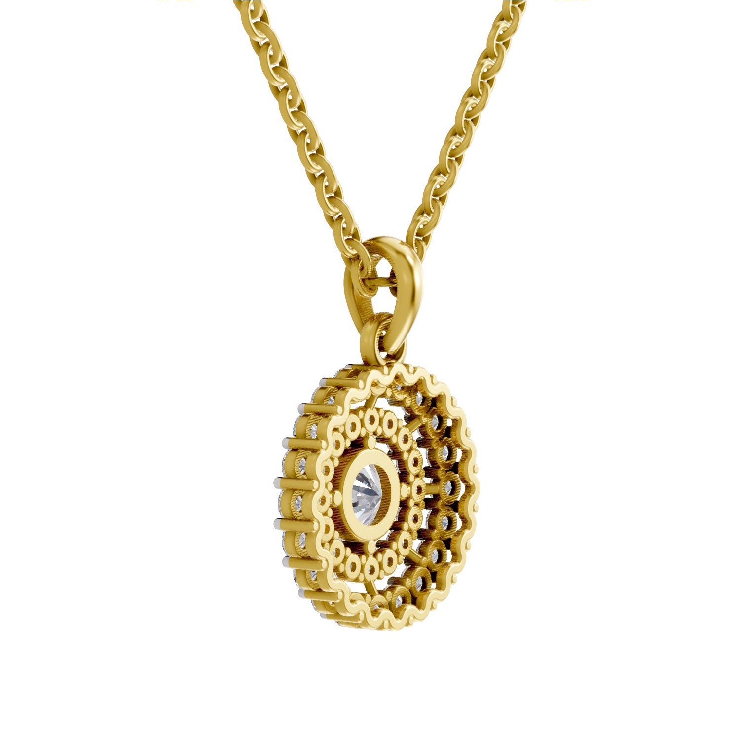 Lab Grown Diamond Pendant Necklace 1.3 Carat IGI Certified Round Shape 925 Sterling Silver Yellow Gold Plated Halo Pendant Necklace