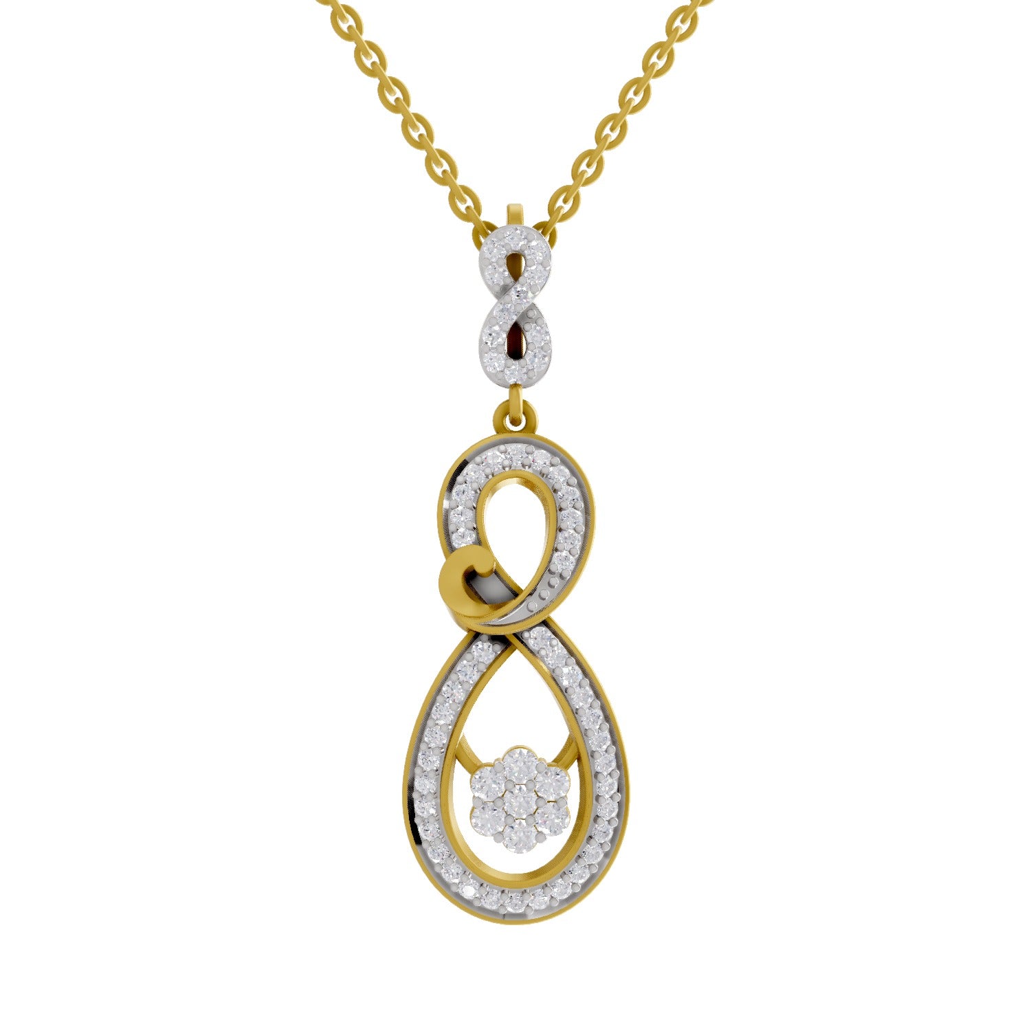 Lab Grown Diamond Pendant Necklace 0.77 Carat IGI Certified Round Shape 925 Sterling Silver Yellow Gold Plated Infinity Bloom Pendant Necklace