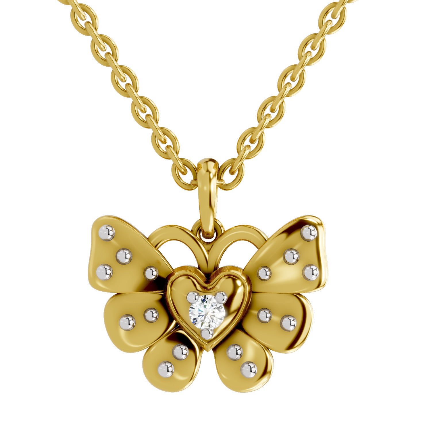 Lab Grown Diamond Pendant Necklace 0.07 Carat Round Shape 925 Sterling Silver Yellow Gold Plated Butterfly Pendant Necklace
