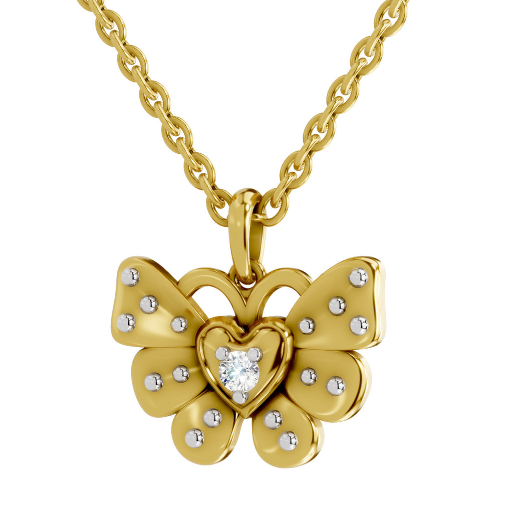 Lab Grown Diamond Pendant Necklace 0.07 Carat Round Shape 925 Sterling Silver Yellow Gold Plated Butterfly Pendant Necklace
