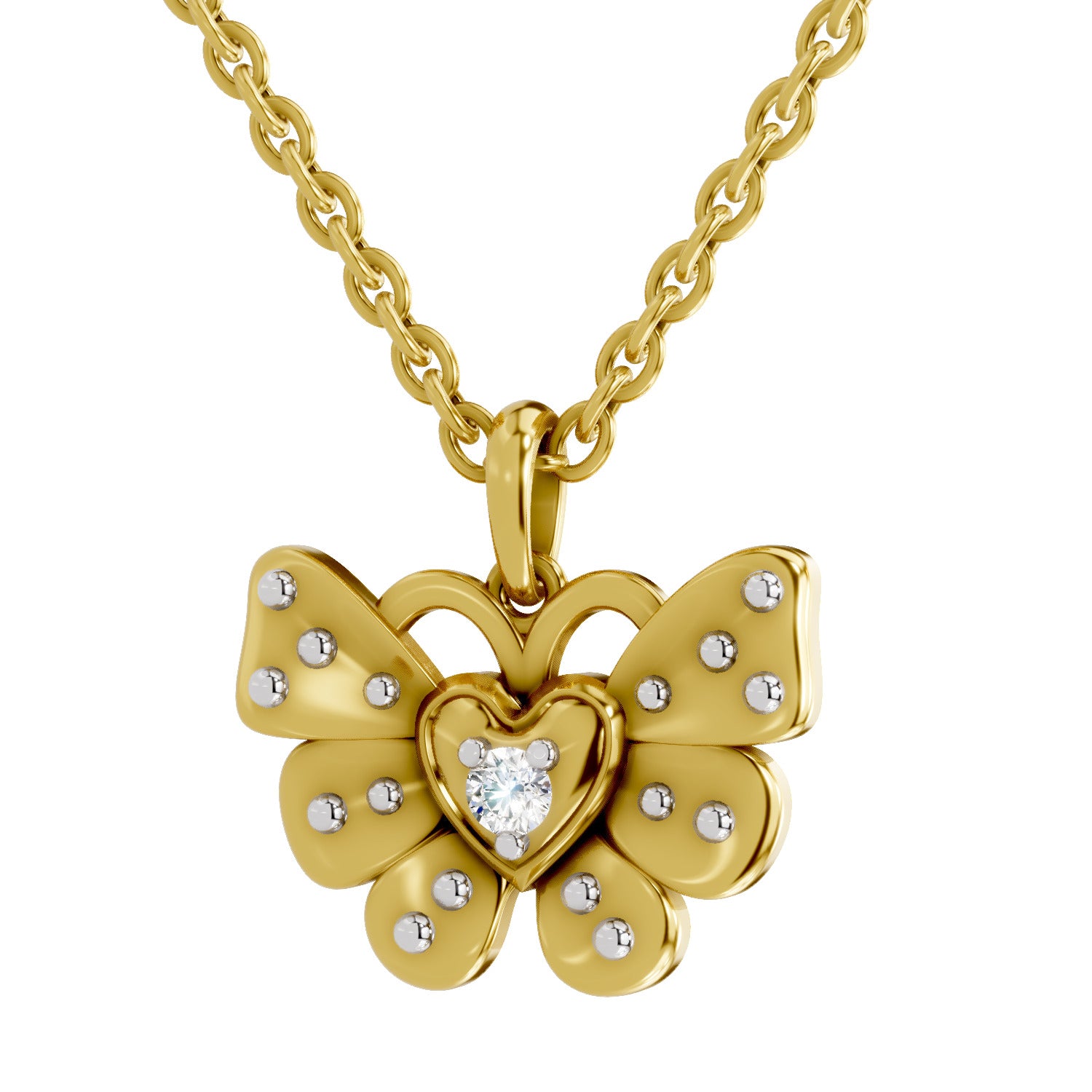 Lab Grown Diamond Pendant Necklace 0.07 Carat Round Shape 925 Sterling Silver Yellow Gold Plated Butterfly Pendant Necklace