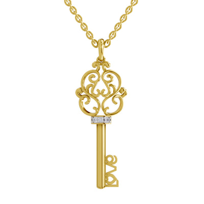 Lab Grown Diamond Pendant Necklace 0.04 Carat Round Shape 925 Sterling Silver Yellow Gold Plated Key to Love Pendant Necklace