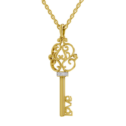 Lab Grown Diamond Pendant Necklace 0.04 Carat Round Shape 925 Sterling Silver Yellow Gold Plated Key to Love Pendant Necklace