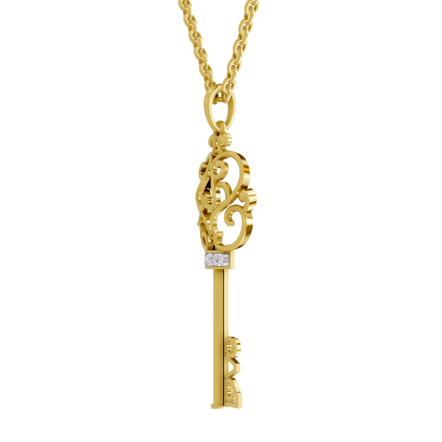 Lab Grown Diamond Pendant Necklace 0.04 Carat Round Shape 925 Sterling Silver Yellow Gold Plated Key to Love Pendant Necklace