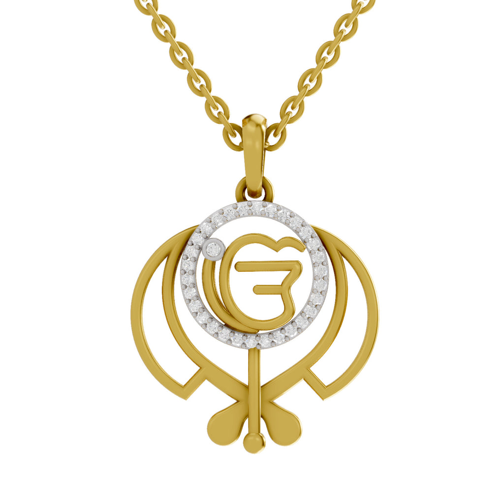 Lab Grown Diamond Pendant Necklace 0.16 Carat IGI Certified Round Shape 925 Sterling Silver Yellow Gold Plated Pure Khalsa Pendant Necklace