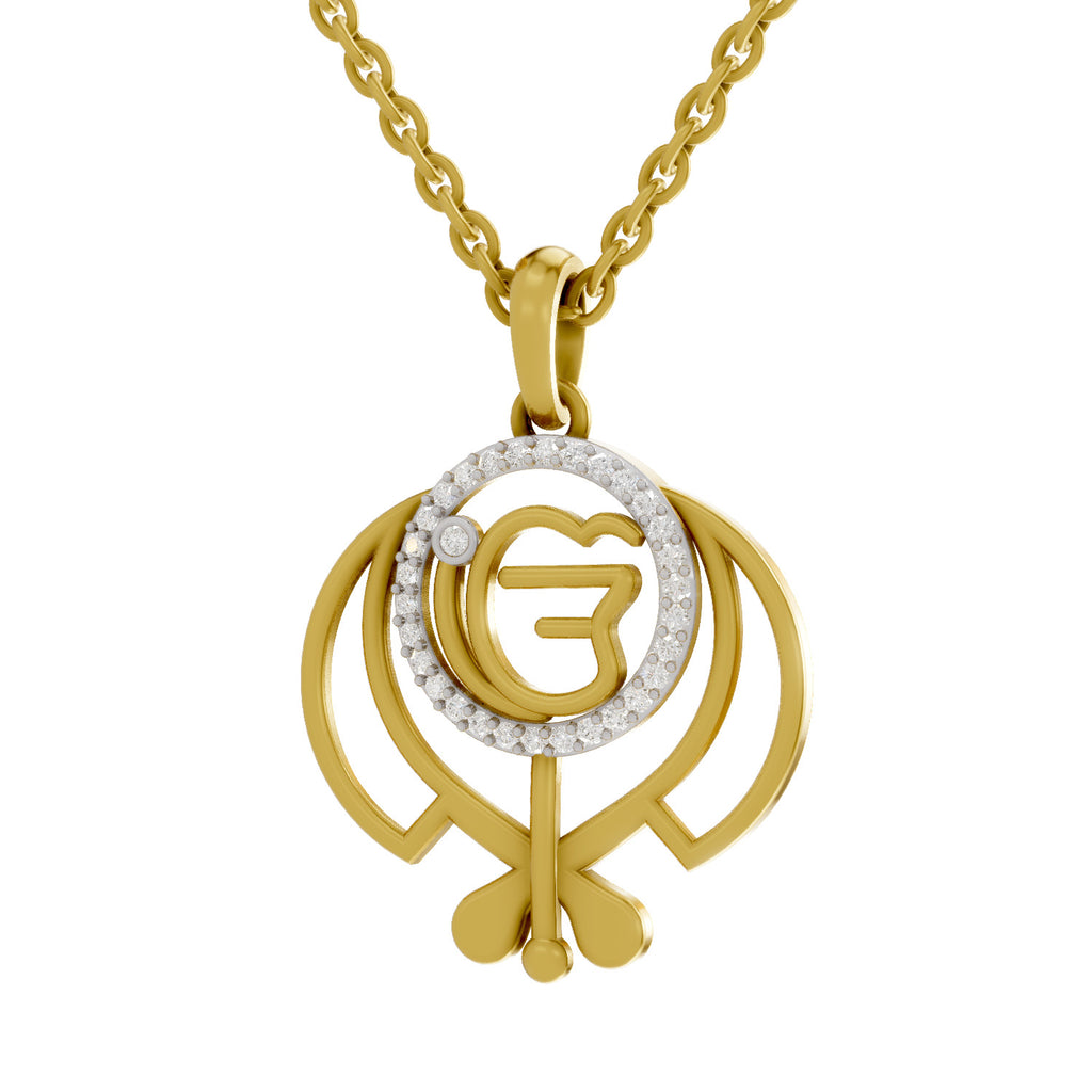 Lab Grown Diamond Pendant Necklace 0.16 Carat IGI Certified Round Shape 925 Sterling Silver Yellow Gold Plated Pure Khalsa Pendant Necklace