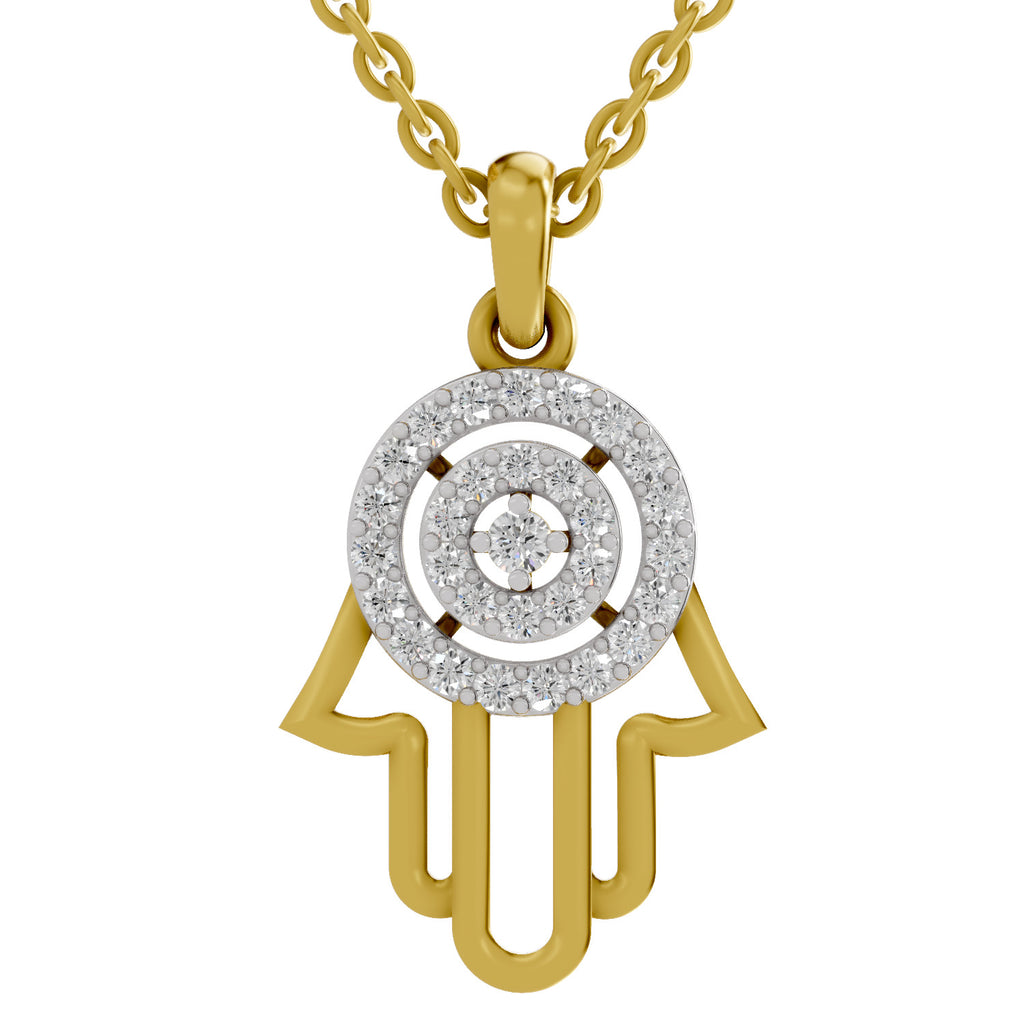 Lab Grown Diamond Pendant Necklace 0.35 Carat IGI Certified Round Shape 925 Sterling Silver Yellow Gold Plated Hamsa Hand Pendant Necklace