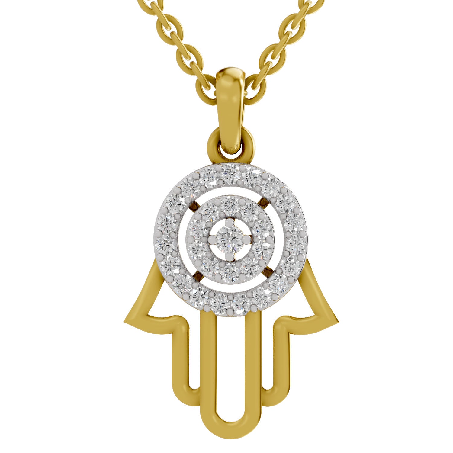Lab Grown Diamond Pendant Necklace 0.35 Carat IGI Certified Round Shape 925 Sterling Silver Yellow Gold Plated Hamsa Hand Pendant Necklace