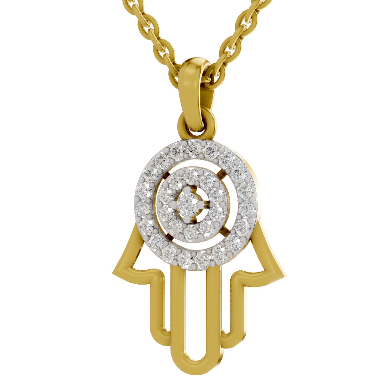 Lab Grown Diamond Pendant Necklace 0.35 Carat IGI Certified Round Shape 925 Sterling Silver Yellow Gold Plated Hamsa Hand Pendant Necklace
