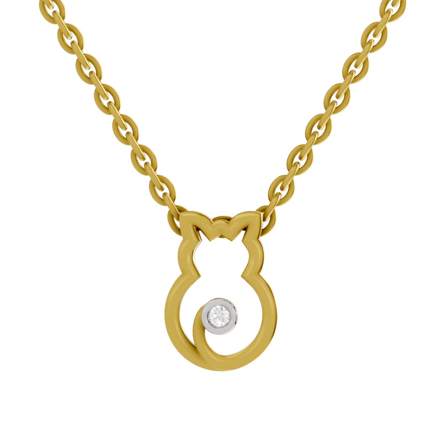 Lab Grown Diamond Necklace 0.02 Carat Round Shape 925 Sterling Silver Yellow Gold Plated Celestial Cat pendant