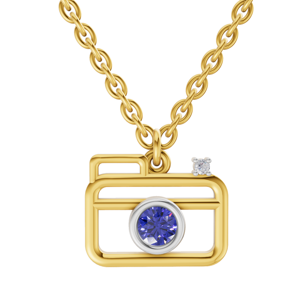 Lab Grown Diamond Pendant Necklace 0.01 Carat Round Shape 925 Sterling Silver Gold Plated Camera Pendant Necklace