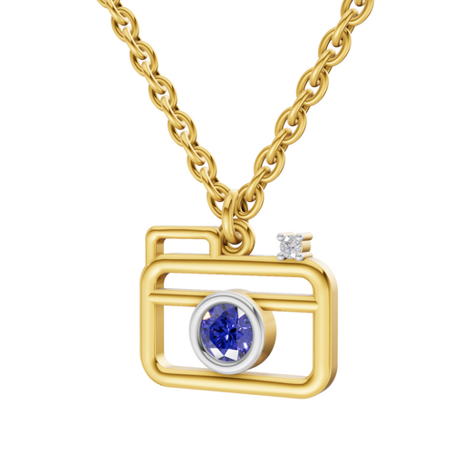Lab Grown Diamond Pendant Necklace 0.01 Carat Round Shape 925 Sterling Silver Gold Plated Camera Pendant Necklace