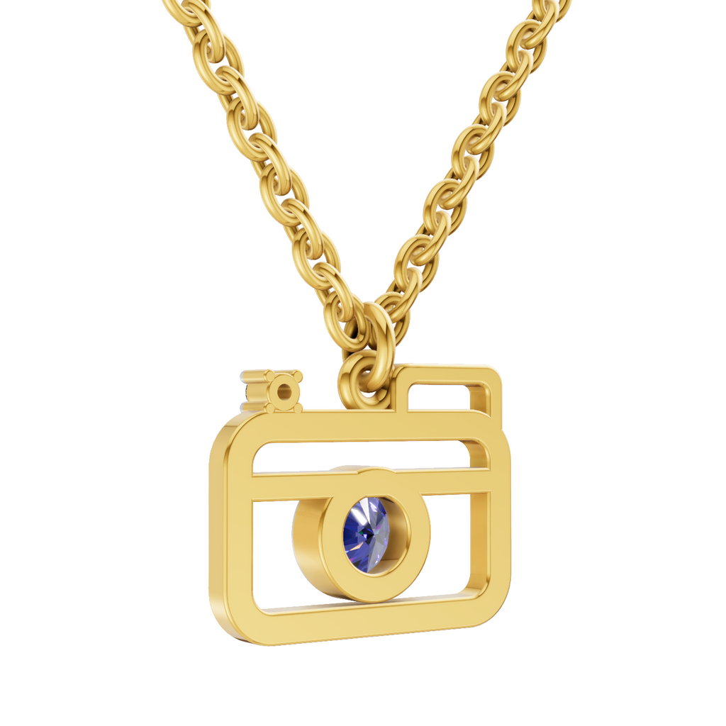 Lab Grown Diamond Pendant Necklace 0.01 Carat Round Shape 925 Sterling Silver Gold Plated Camera Pendant Necklace