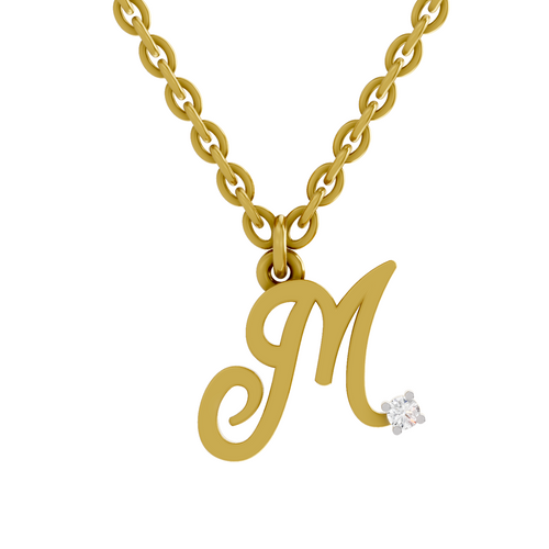 Lab Grown Diamond Pendant Necklace 0.02 Carat Round Shape 925 Sterling Silver Gold Plated Initial M Pendant Necklace