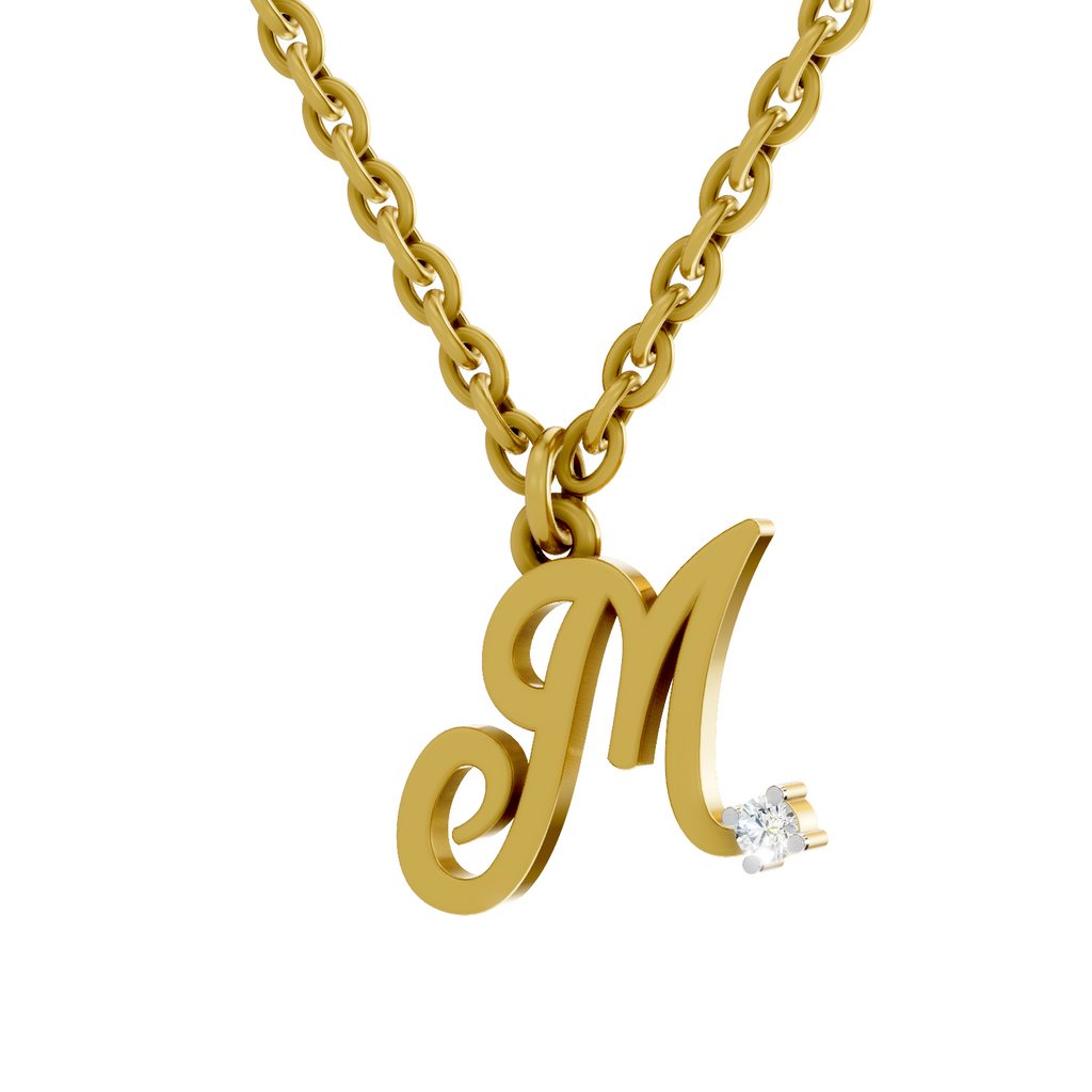 Lab Grown Diamond Pendant Necklace 0.02 Carat Round Shape 925 Sterling Silver Gold Plated Initial M Pendant Necklace