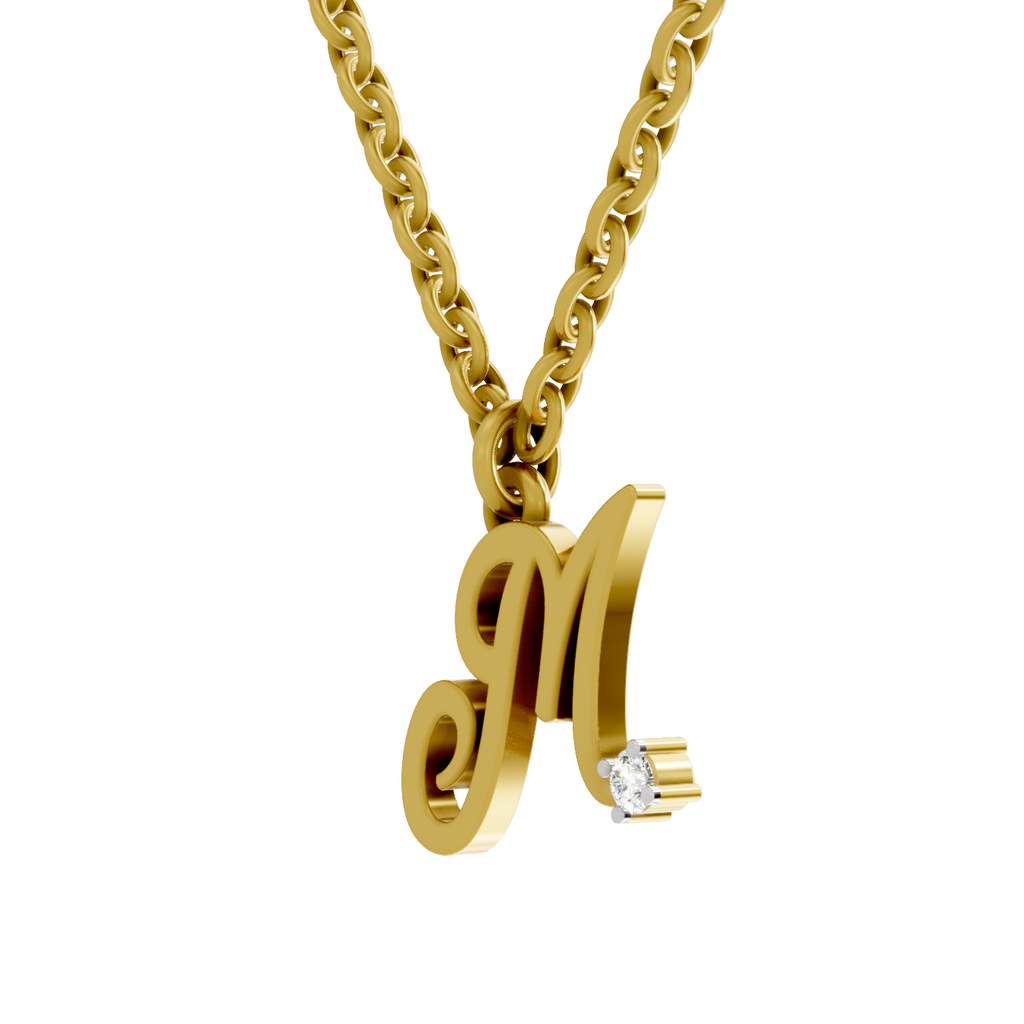 Lab Grown Diamond Pendant Necklace 0.02 Carat Round Shape 925 Sterling Silver Gold Plated Initial M Pendant Necklace