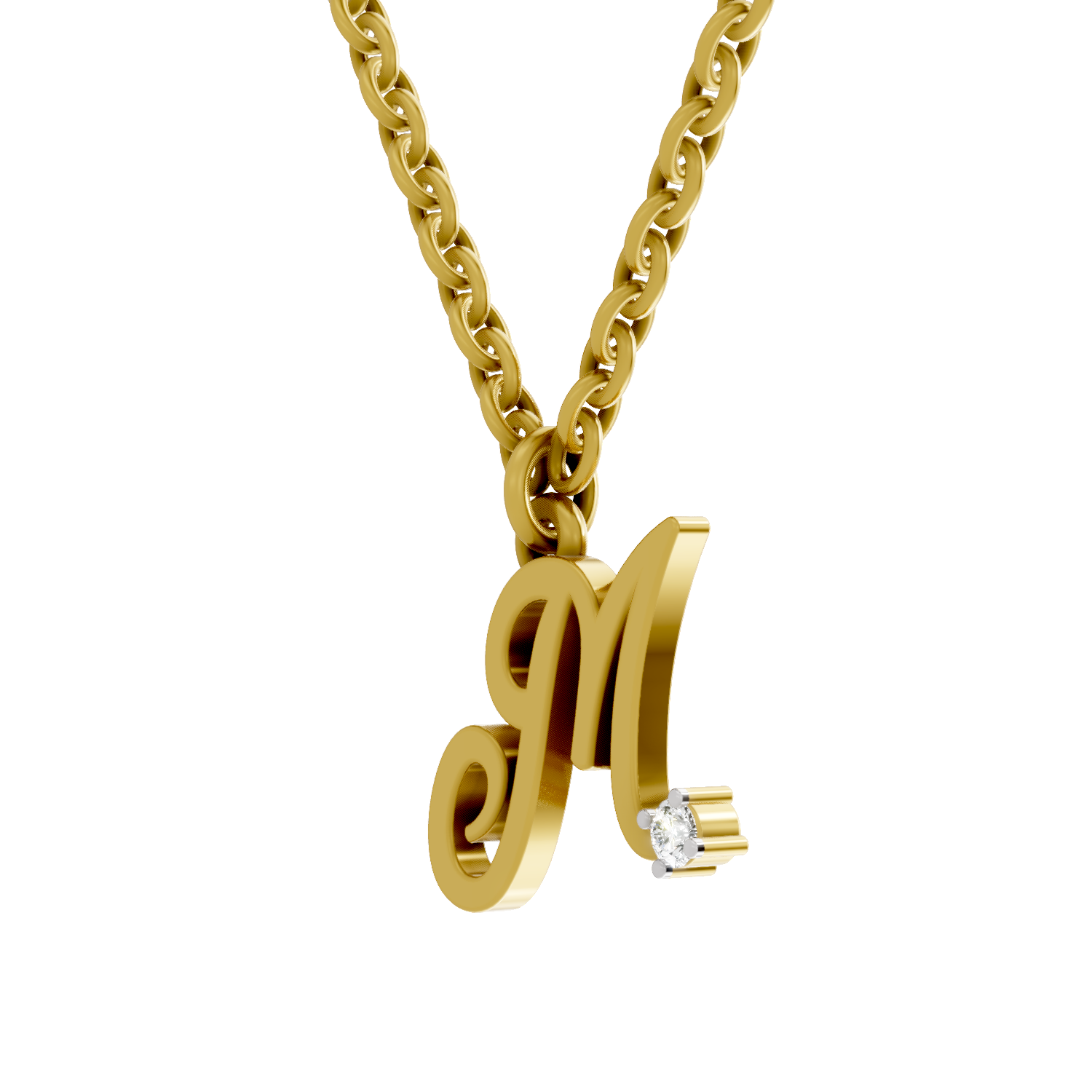Lab Grown Diamond Pendant Necklace 0.02 Carat Round Shape 925 Sterling Silver Gold Plated Initial M Pendant Necklace